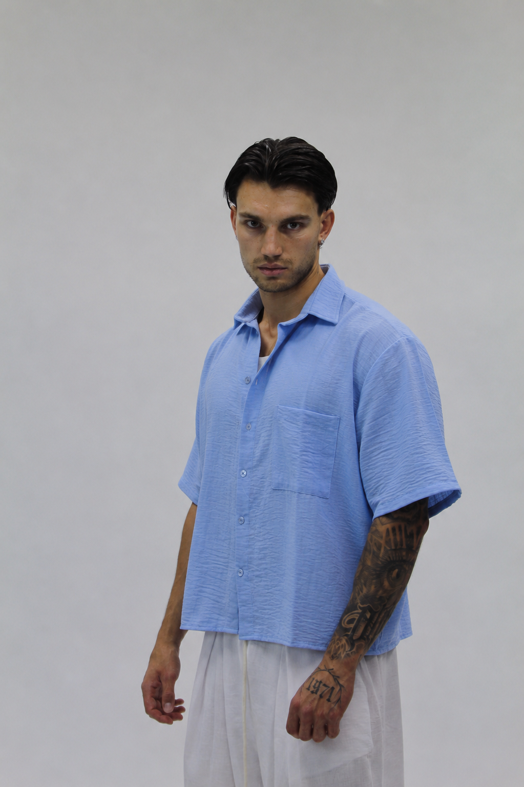 Camicia Boxy Simil Lino Sky