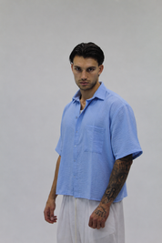 Camicia Boxy Simil Lino Sky