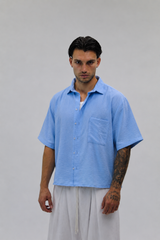 Camicia Boxy Simil Lino Sky