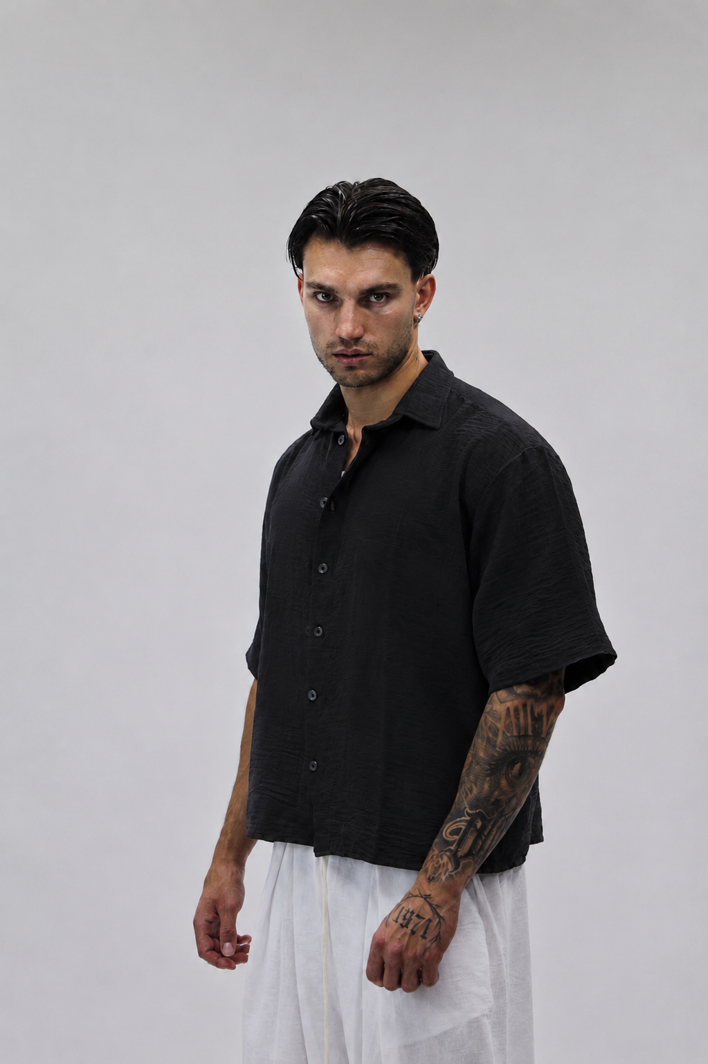 Camicia Boxy Simil Lino Black