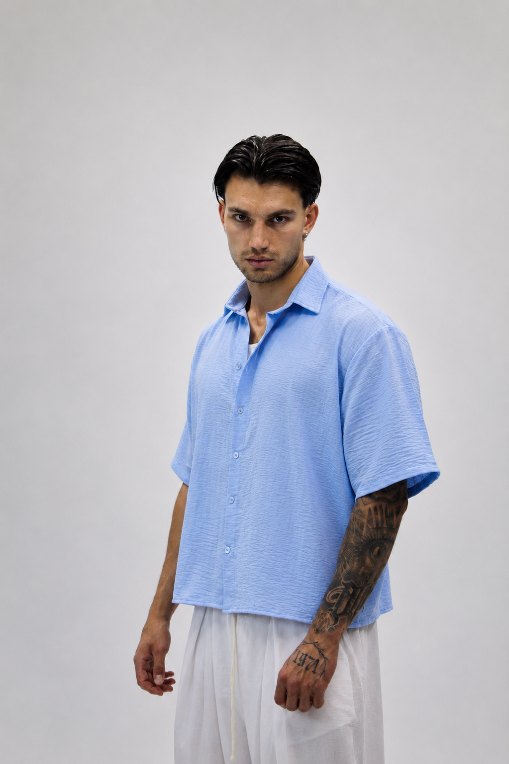 Camicia Boxy Simil Lino Sky