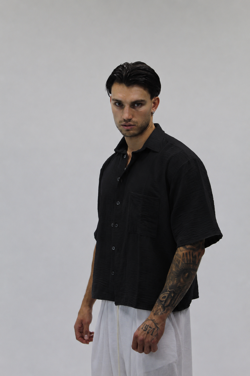 Camicia Boxy Simil Lino Black